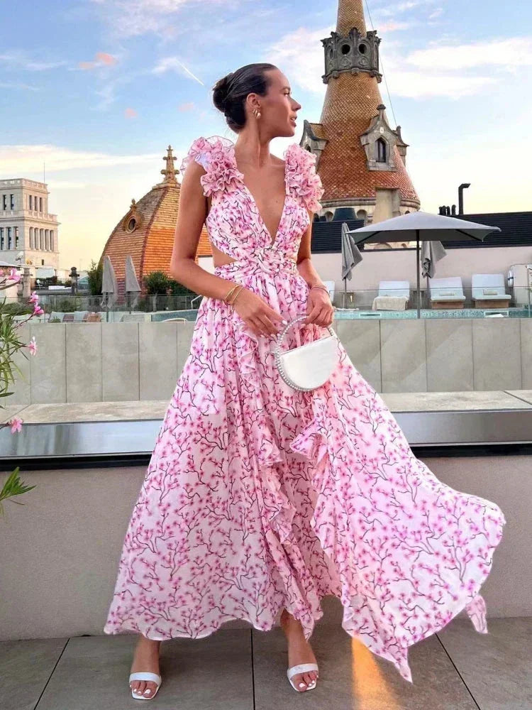 Elegante vestido largo rosa floral de invitada de boda y de fiesta con volantes | Maxi