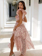 Elegante vestido largo rosa floral de invitada de boda y de fiesta con volantes | Maxi