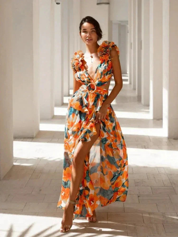 Elegante vestido largo rosa floral de invitada de boda y de fiesta con volantes | Maxi