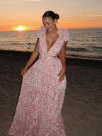 Elegante vestido largo rosa floral de invitada de boda y de fiesta con volantes | Maxi