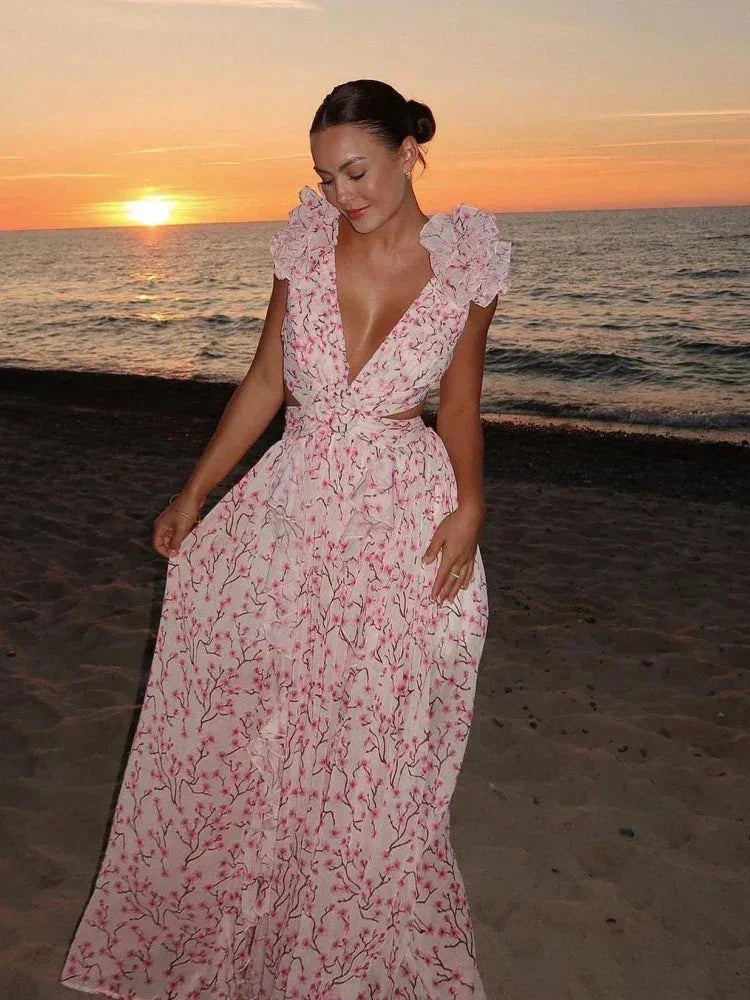 Elegante vestido largo rosa floral de invitada de boda y de fiesta con volantes | Maxi