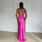 Elegante vestido largo de invitada de boda y de fiesta con escote cruzado y espalda descubierta | Maxi