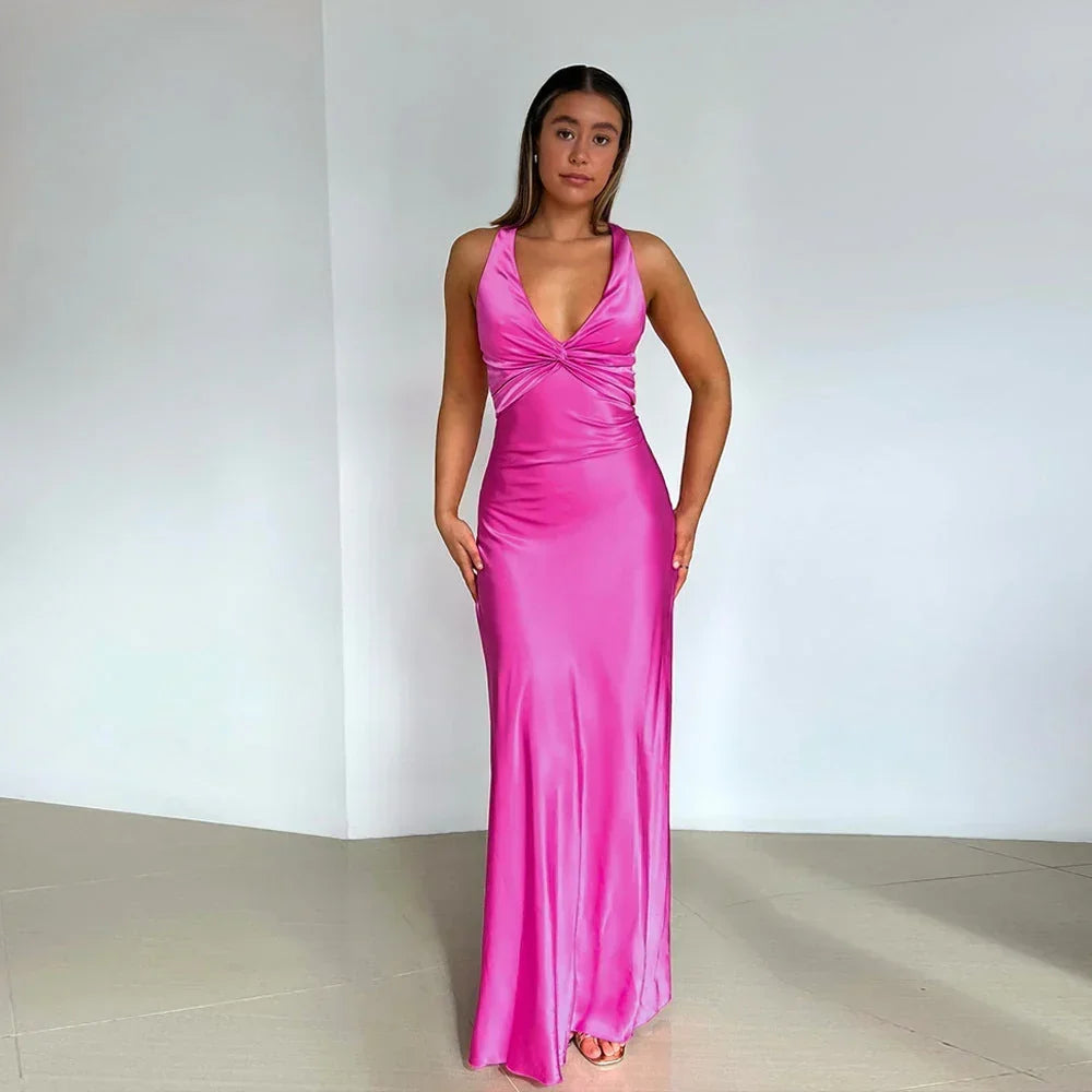 Elegante vestido largo de invitada de boda y de fiesta con escote cruzado y espalda descubierta | Maxi