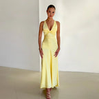 Elegante vestido largo de invitada de boda y de fiesta con escote cruzado y espalda descubierta | Maxi