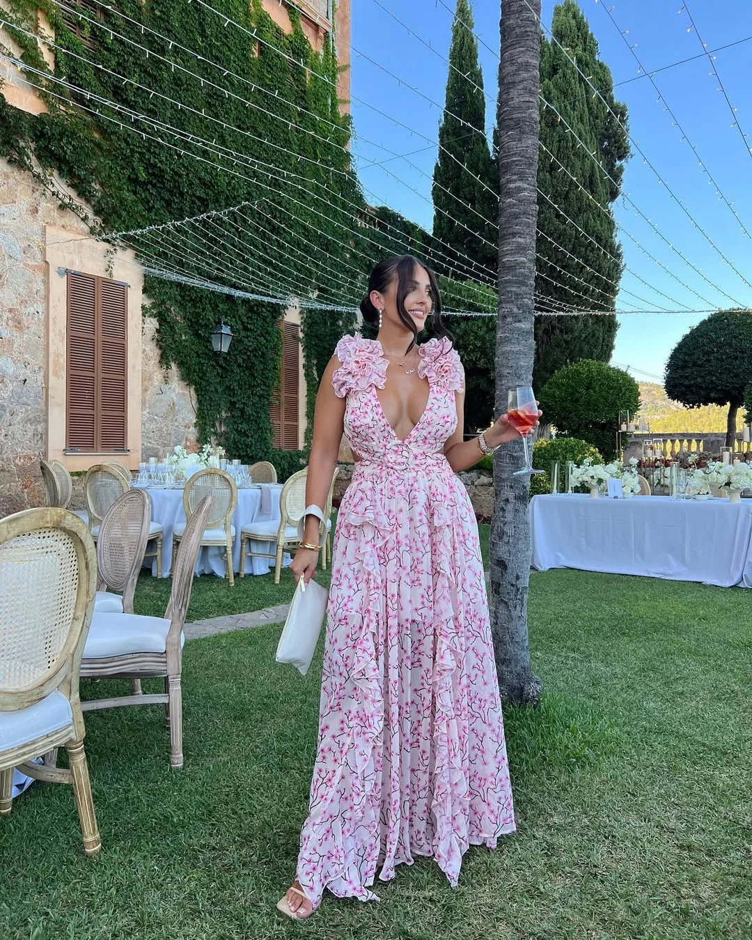 Elegante vestido largo de flores sin mangas de invitada de boda y de fiesta | Maxi