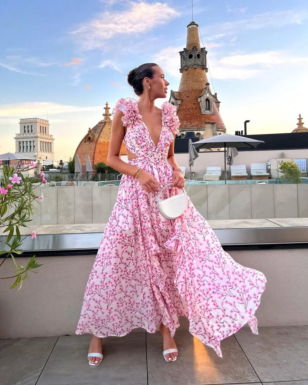Elegante vestido largo de flores sin mangas de invitada de boda y de fiesta | Maxi