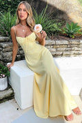Elegante vestido largo de invitada de boda palabra de honor fruncido con tirantes regulables | Maxi