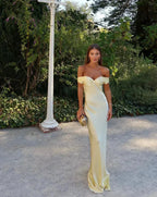 Elegante vestido largo amarillo de fiesta y de invitada de boda con hombros descubiertos | Maxi
