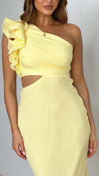 Refinado vestido largo amarillo de invitada de boda y de noche con corte asimétrico | Maxi