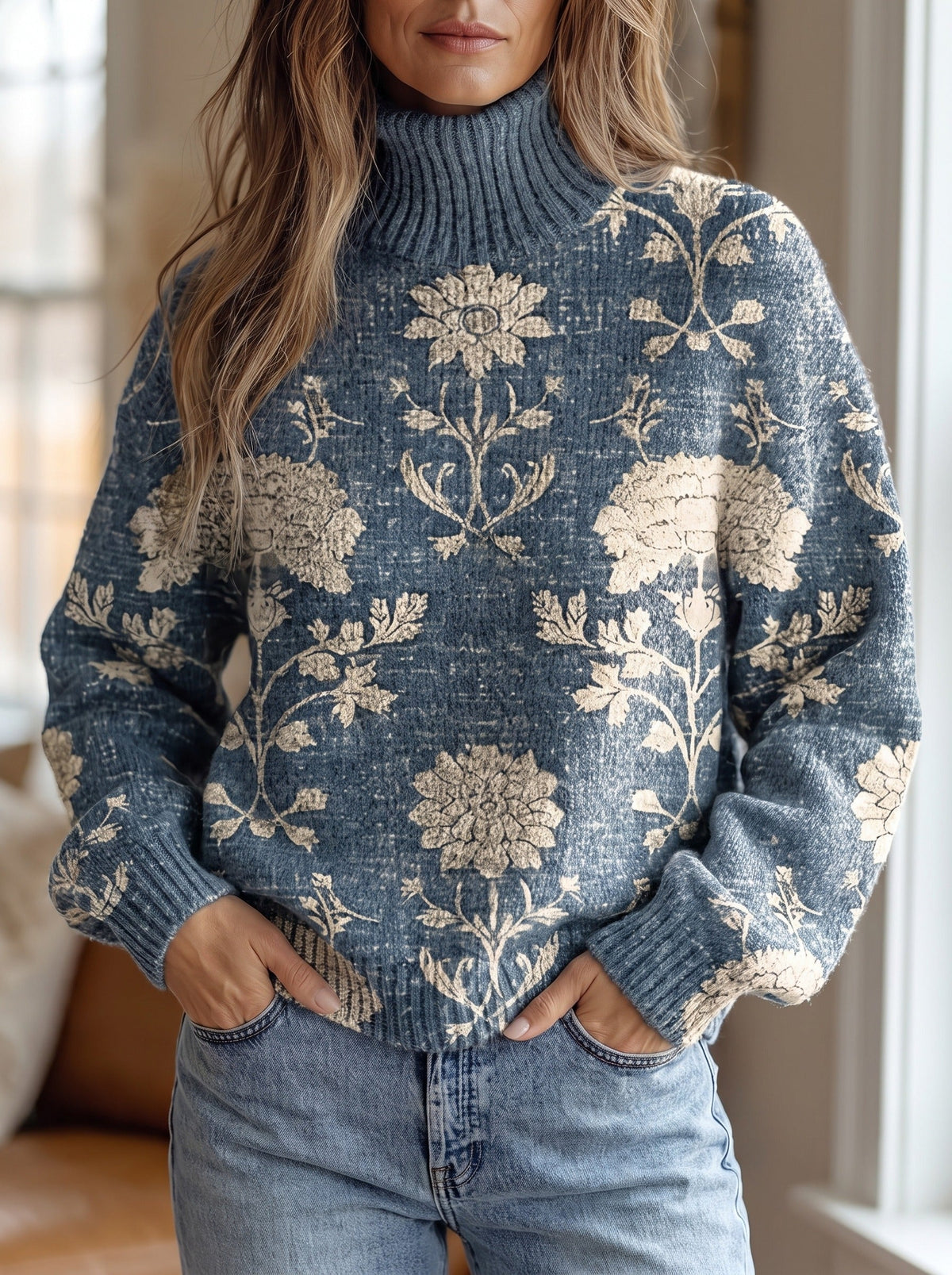 Silvia™ | Jersey de cuello alto con estampado índigo a mano