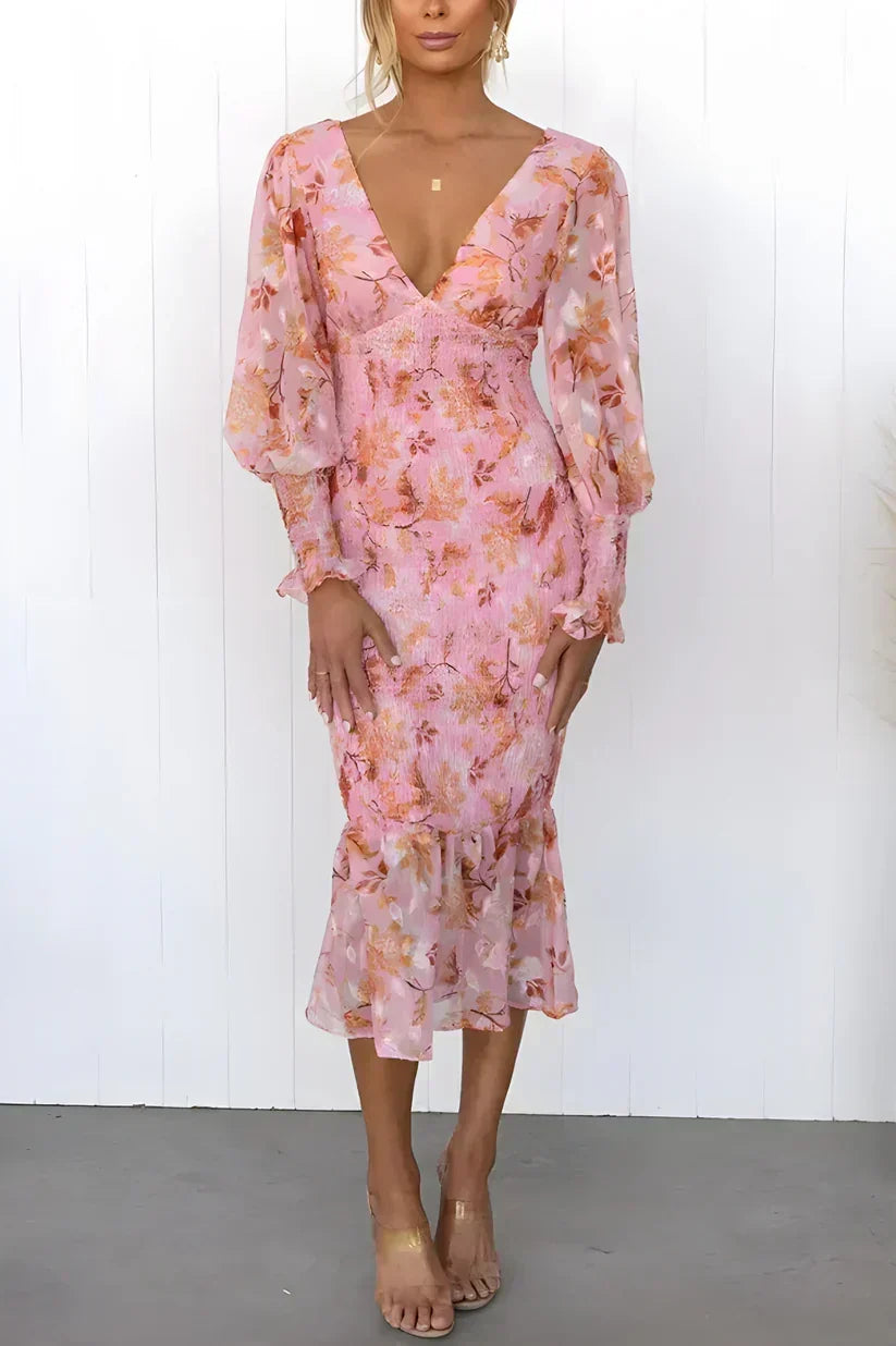 Elegante vestido midi floral de invitada de boda con escote en V y manga larga | Midi