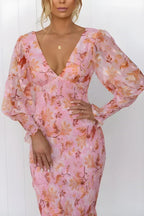 Elegante vestido midi floral de invitada de boda con escote en V y manga larga | Midi